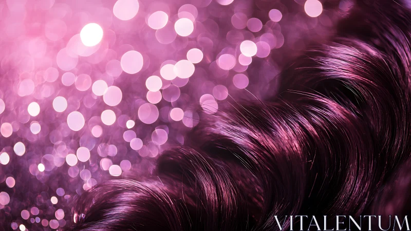 Curled magenta hair strand against pink bokeh lights