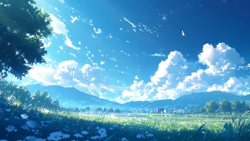 Endless summer sky stretches over tranquil riverside plain.