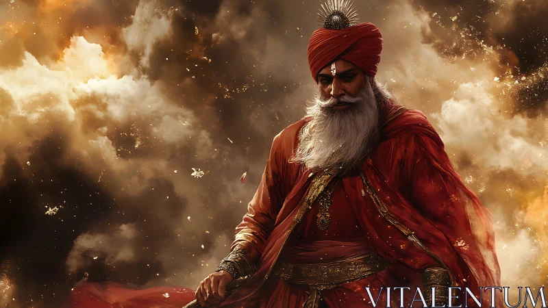 Stormlit elder warrior wrapped in ember-red dignity.