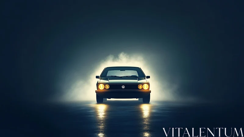 Front view of classic car with headlights in dark space.