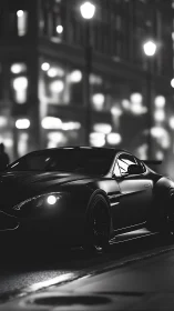 Sport coupe is parked on wet street under urban night lighting