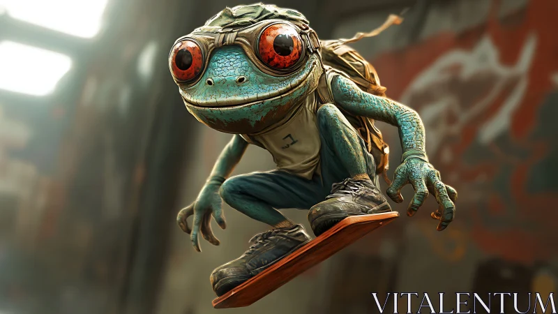 Skater frog hero catching air on a worn city hoverboard.
