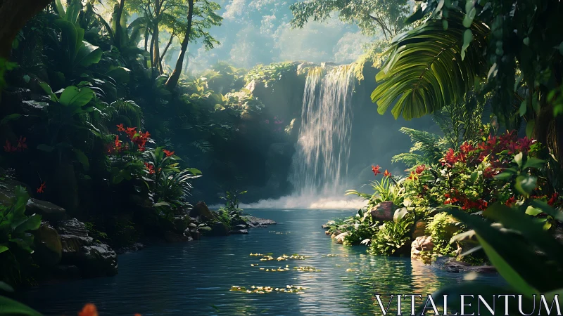 Hidden jungle waterfall pool wrapped in soft morning light.