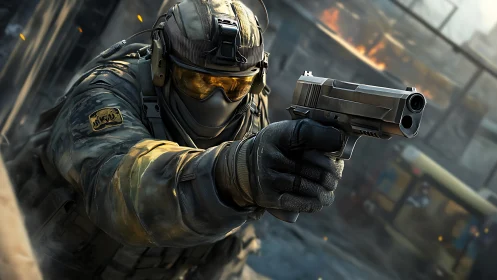 Urban strike sentinel aiming steel resolve amid chaos.