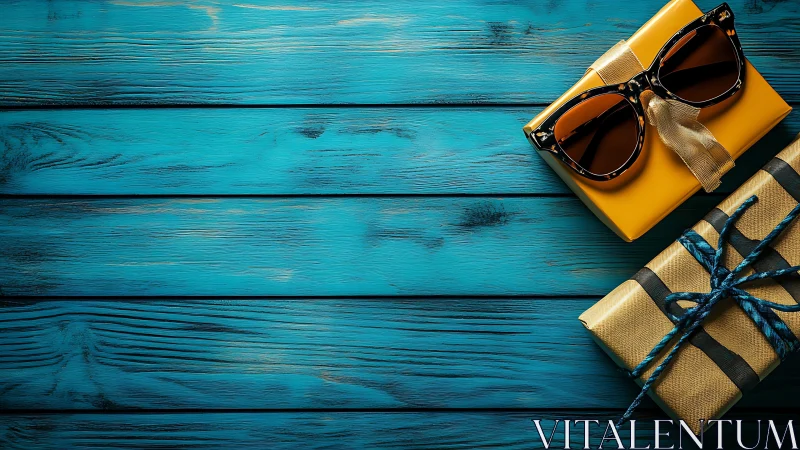 Gift boxes with sunglasses on teal stained wooden planks surface