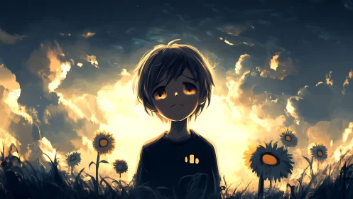 Melancholic child in glowing sunflower field at dusk sky