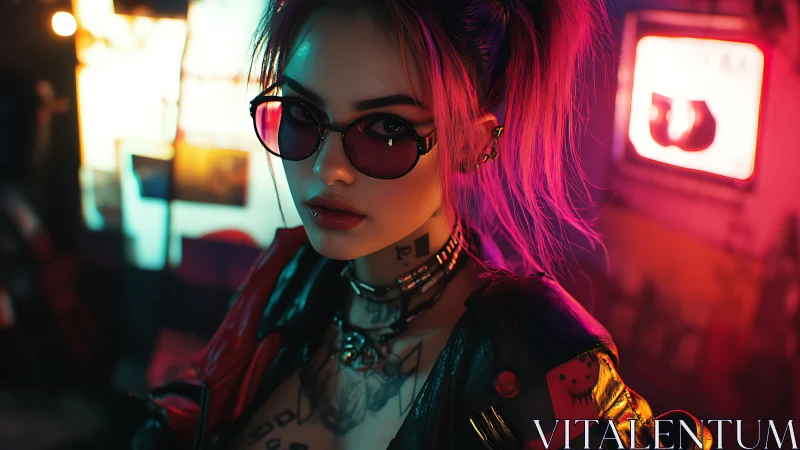 Cyberpunk portrait of woman in neon-lit urban interior.