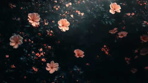 Coral Blossoms in Nocturnal Foliage: Luminous Floral Composition Study.