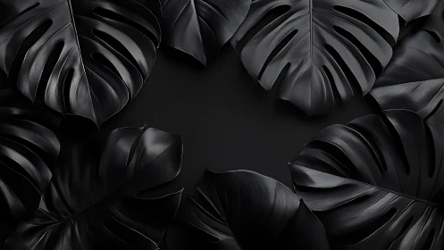 Black monstera leaves surrounding central empty dark space.