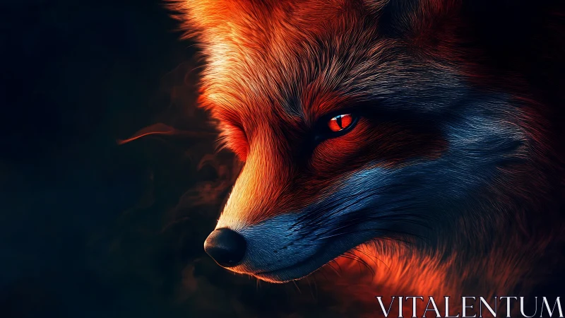 Fiery fox portrait glows with intense, ember-like eyes.