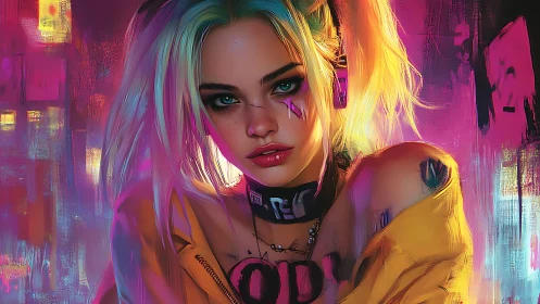 Neon cyberpunk girl portrait in vivid glowing colors.