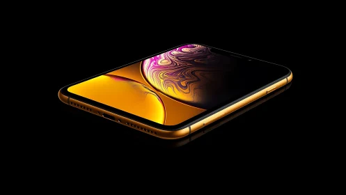 Gold smartphone with liquid metal display rendered against black background
