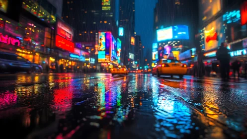 Neon rain over city taxis on reflective night boulevard.