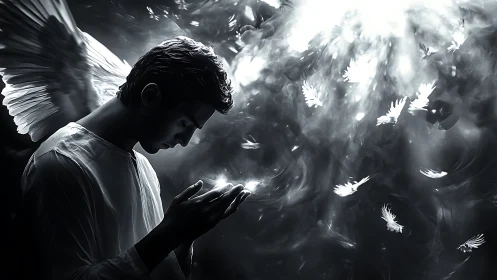 Gentle angel in soft light cradling falling feathers.