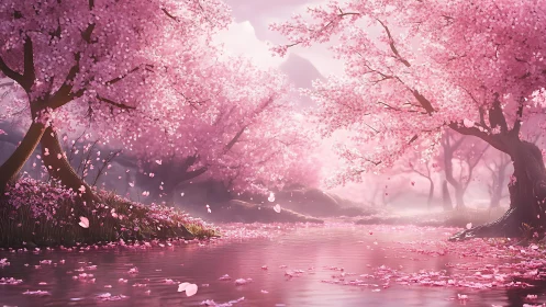 Serene pink blossom river under soft morning light.