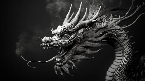 Monochrome dragon head render exhales smoke in stark profile