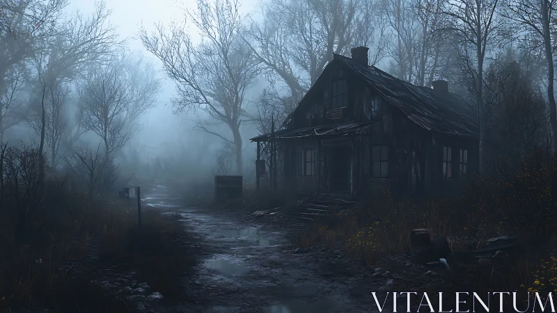 Fog-drenched abandoned house with decayed siding and muddy access path