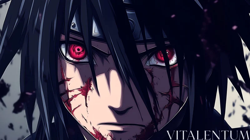 Close-up anime portrait of wounded warrior with glowing red eyes.