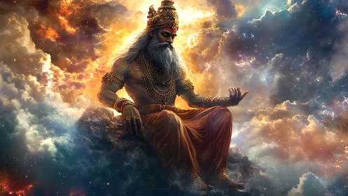 Mythic celestial sage seated on luminous storm clouds