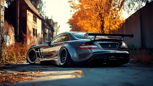 Widebody track-spec coupe under autumn backlight in deserted alley