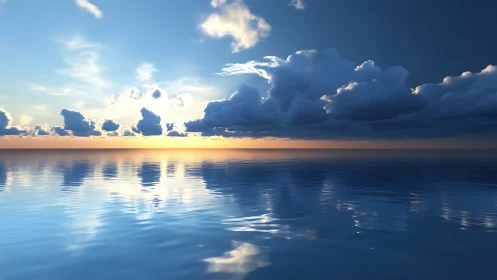 Dramatic sunset clouds drift over a tranquil reflective sea.