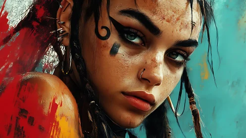 Hyperreal portrait of defiant cyberpunk girl with warpaint.