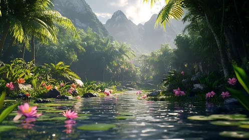 High-detail tropical river valley with volumetric light and flora