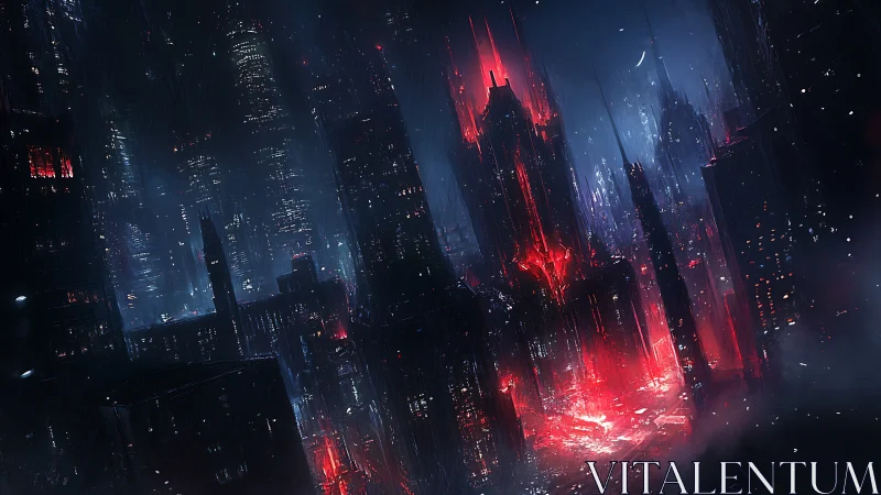 Neon storms over a crimson-lit futuristic megacity at night.