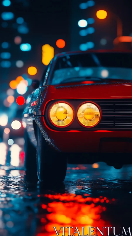 Red classic car front shows headlights on wet city street