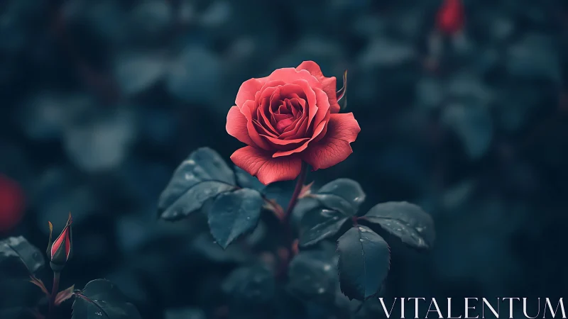 Red Rose Blooms Against Moody Foliage.