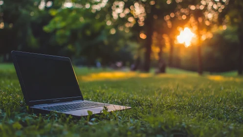 Open laptop rests on grass in a park during low sunset light