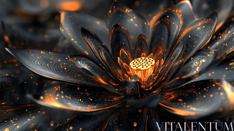 Glowing metallic flower opens in swirling embers of light