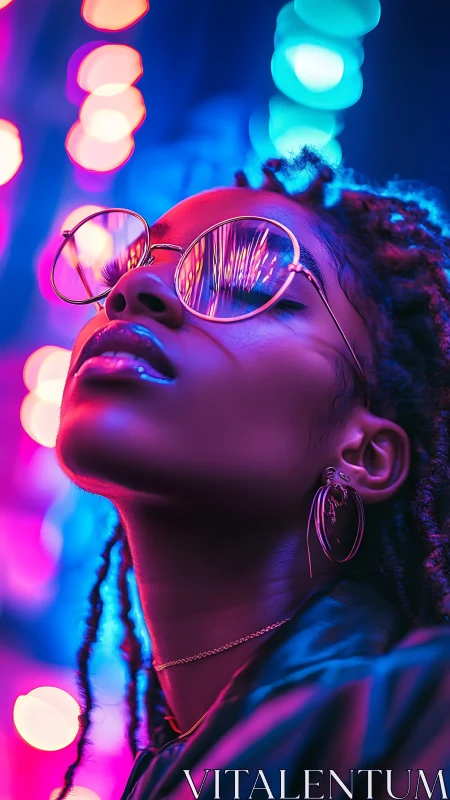 Neon portrait with reflective glasses and vibrant bokeh glow.