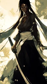 Storm-lit swordswoman poised between rage and quiet resolve.