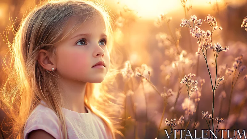 Young subject in golden hour field with delicate flowering plants.