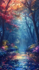 Luminous Forest Path: Where Autumn Ignites and Rain Whispers.
