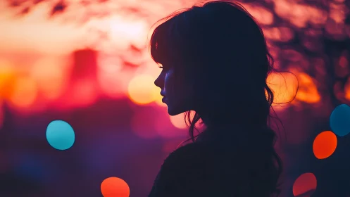 Silhouetted woman profile against neon bokeh sunset field.