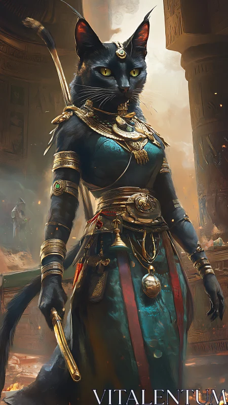Regal feline goddess warrior in ornate Egyptian armor.