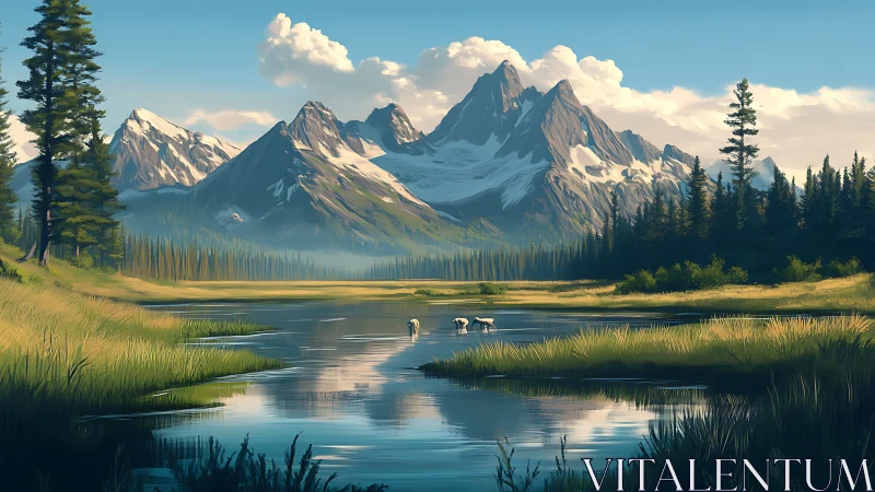 Sunlit alpine river valley beneath snow-crowned peaks.