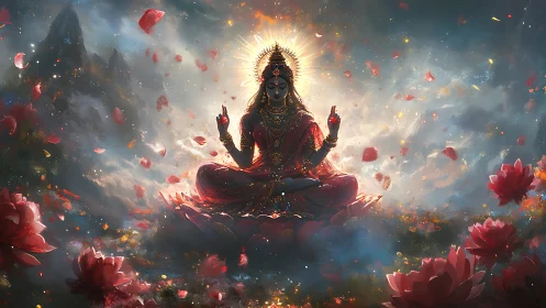 Seated goddess figure meditates on lotus amid floating petals