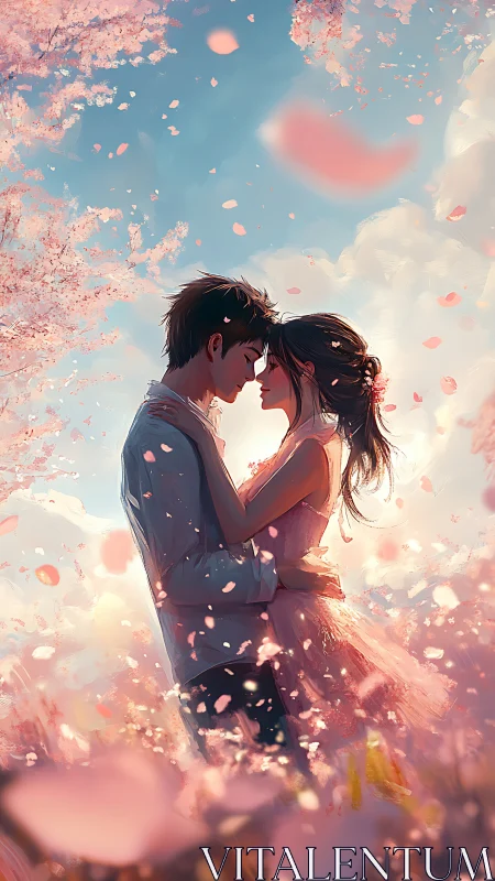 Romantic couple embracing under soft cherry blossoms.