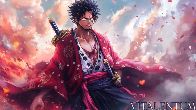 Storm-eyed ronin carves a path through burning painted skies