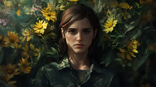 Young woman in floral field rendered as moody digital portrait