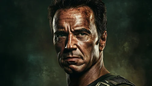 Weathered hero portrait glowing against shadowed green haze.