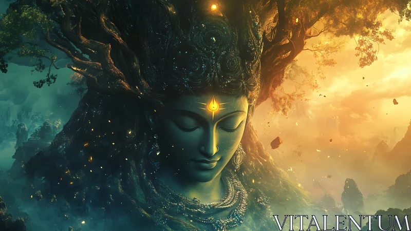 Divine forest goddess merges with radiant cosmic sunrise.