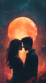 Couple silhouette against giant orange moon in cosmic landscape.