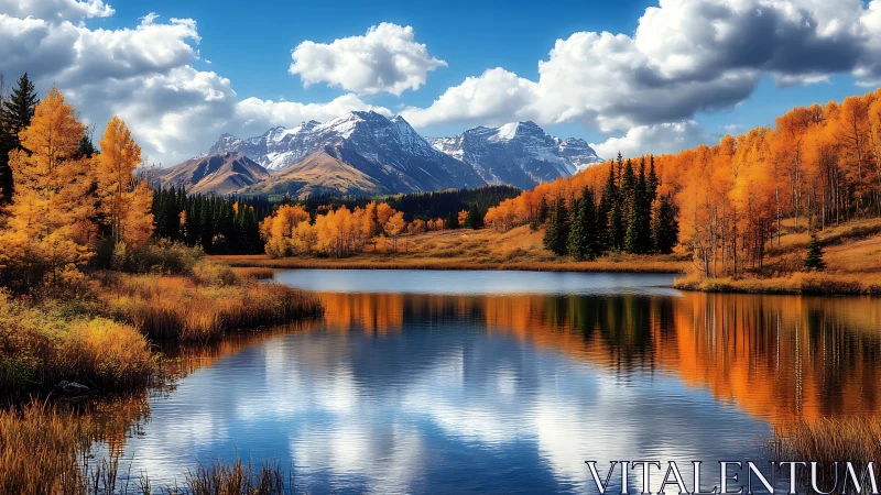 Photorealistic alpine lake with autumn aspens in vivid reflection.
