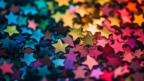 Multicolored metallic star confetti in dense closeup view.