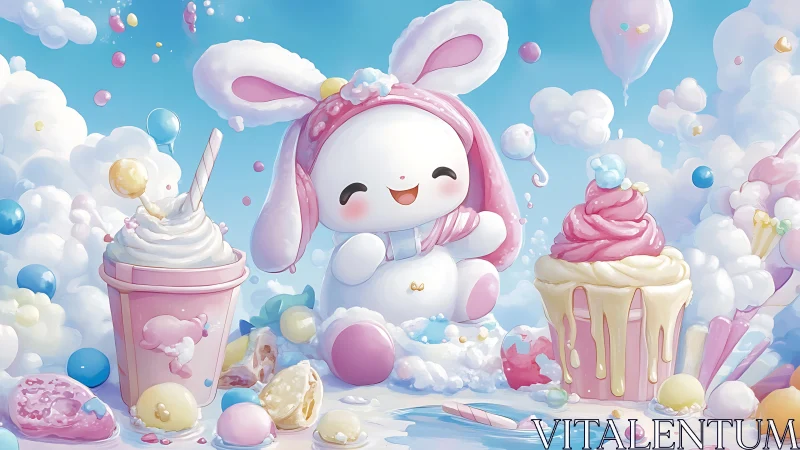 Cute bunny mascot delights in dreamy candy dessert world.