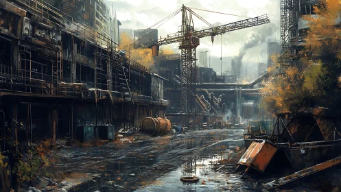 Post-industrial crane yard in atmospheric digital painting.